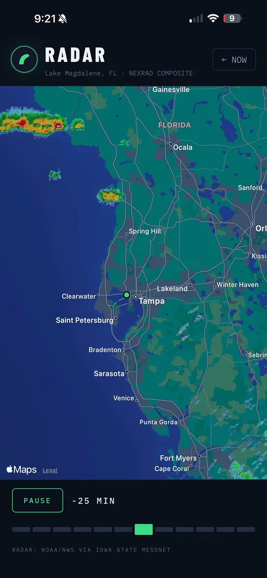 Fat Tail animated NOAA radar over Tampa Bay with scrubbable timeline